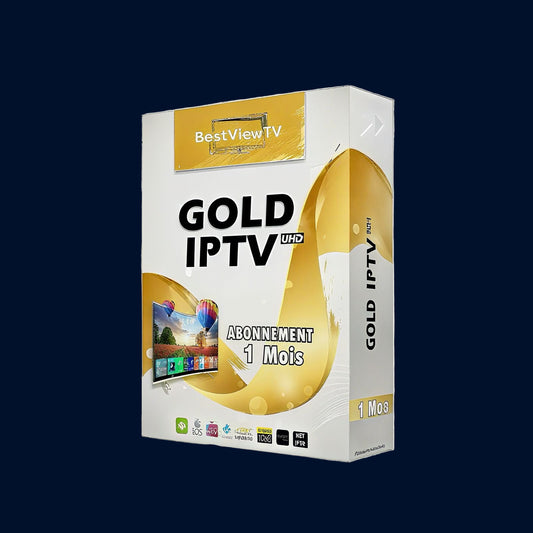 BestView TV Gold IPTV UHD packaging on a white platform with a gray geometric patterned background