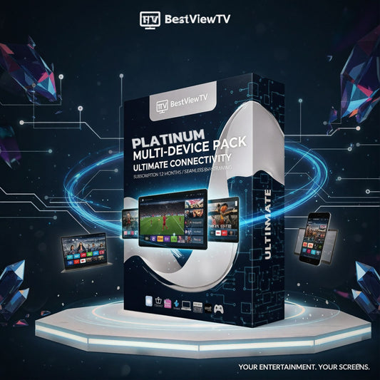 BestViewTV Platinum Multi-Device Pack on a futuristic platform with digital elements.