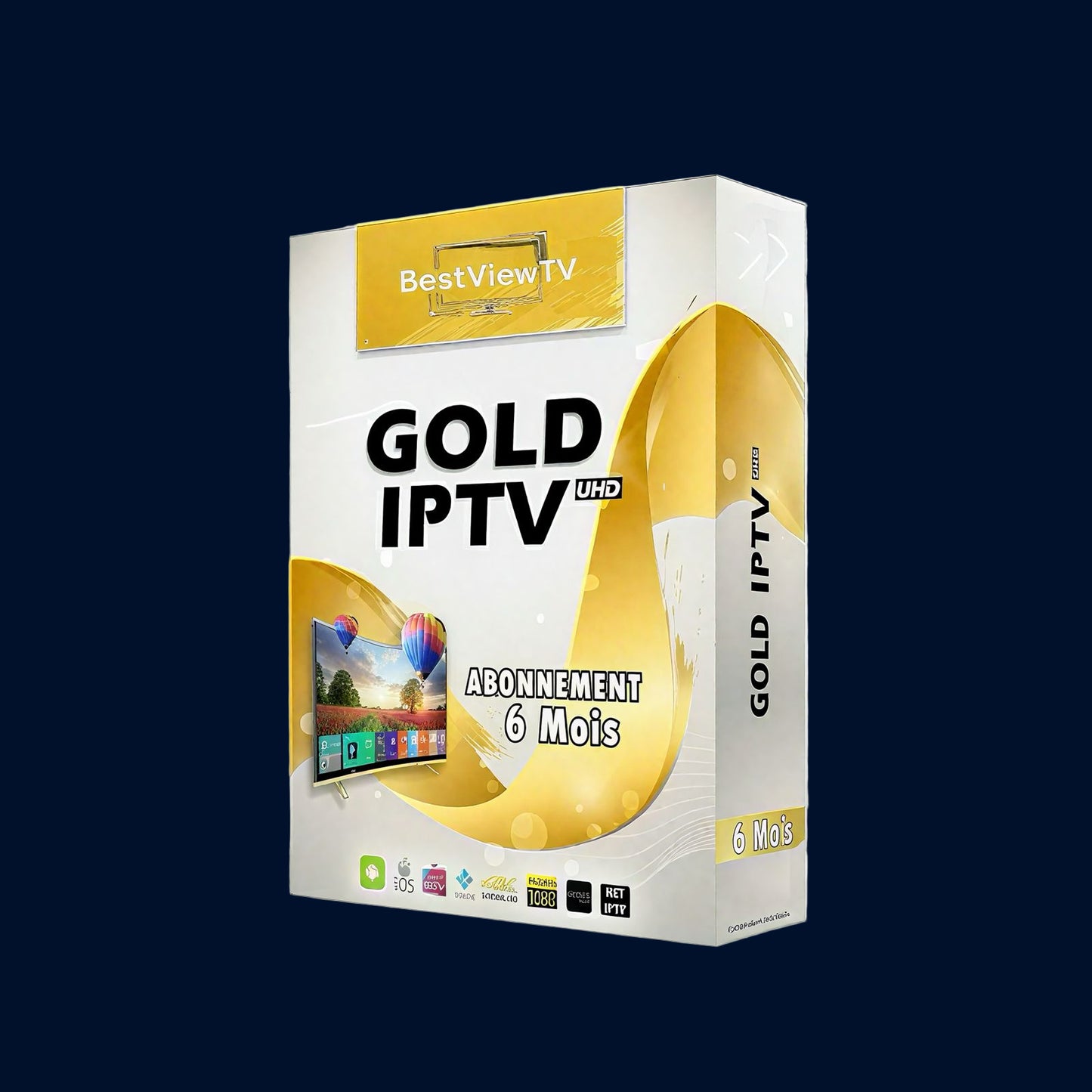 BestView TV Gold IPTV UHD subscription package on a white platform with a gray geometric background