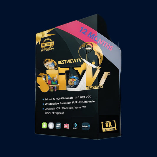 Bestviewtv packaging with branding and product features on a black background