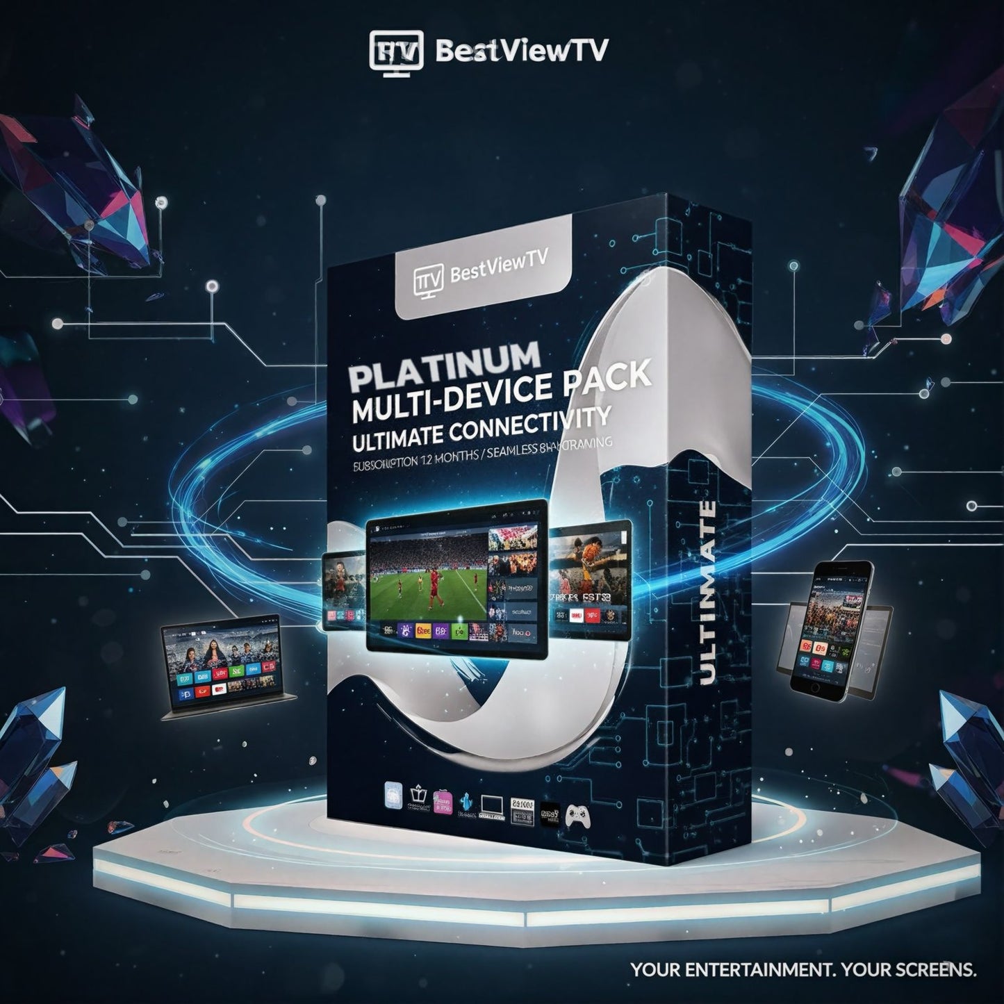 BestViewTV Platinum Multi-Device Pack on a futuristic platform with digital elements.