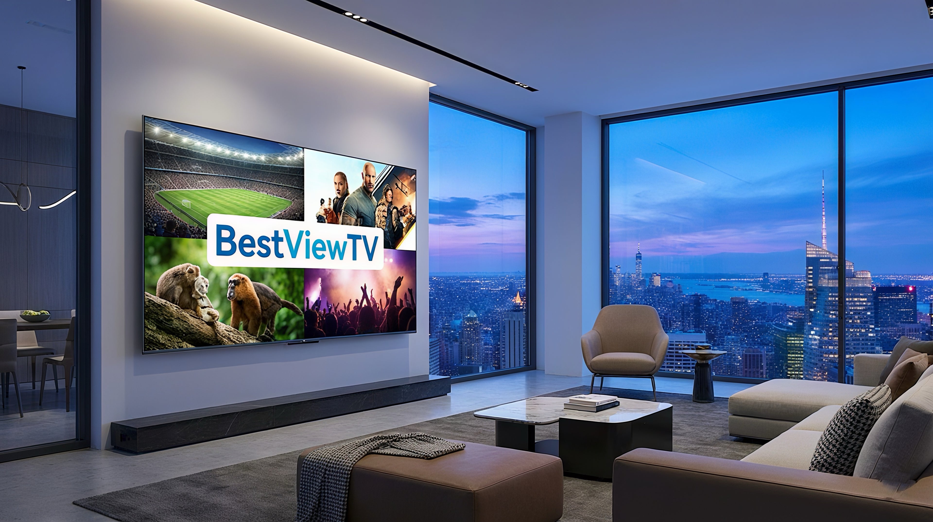 Modern living room with a large TV displaying 'BestViewTV' and cityscape view.