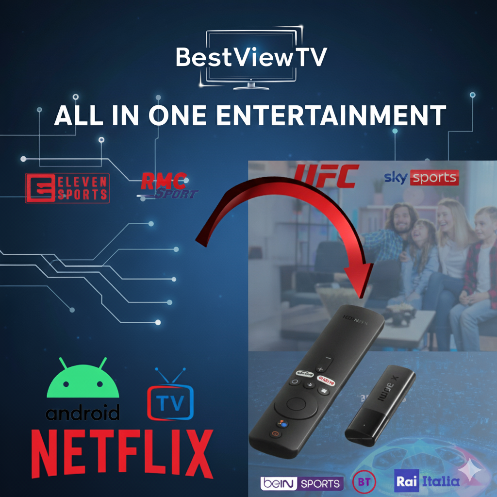 Advertisement for BestViewTV with entertainment platforms and remote controls on a blue background.