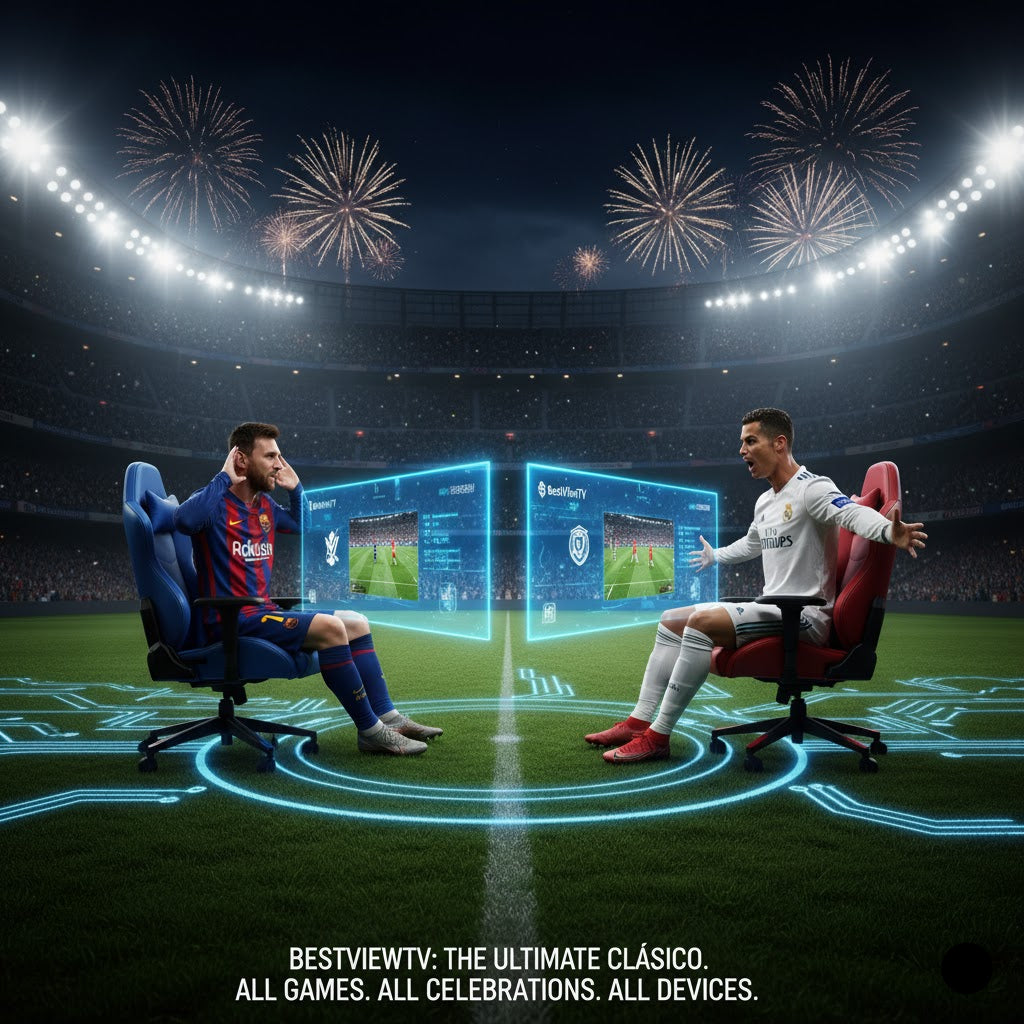 The ultimate Clásico rivalry comes alive with BestViewTV IPTV! Messi and Ronaldo, in their iconic jerseys, celebrate every goal. #BestViewTV #IPTV #MessiVsRonaldo #ElClasico #Football