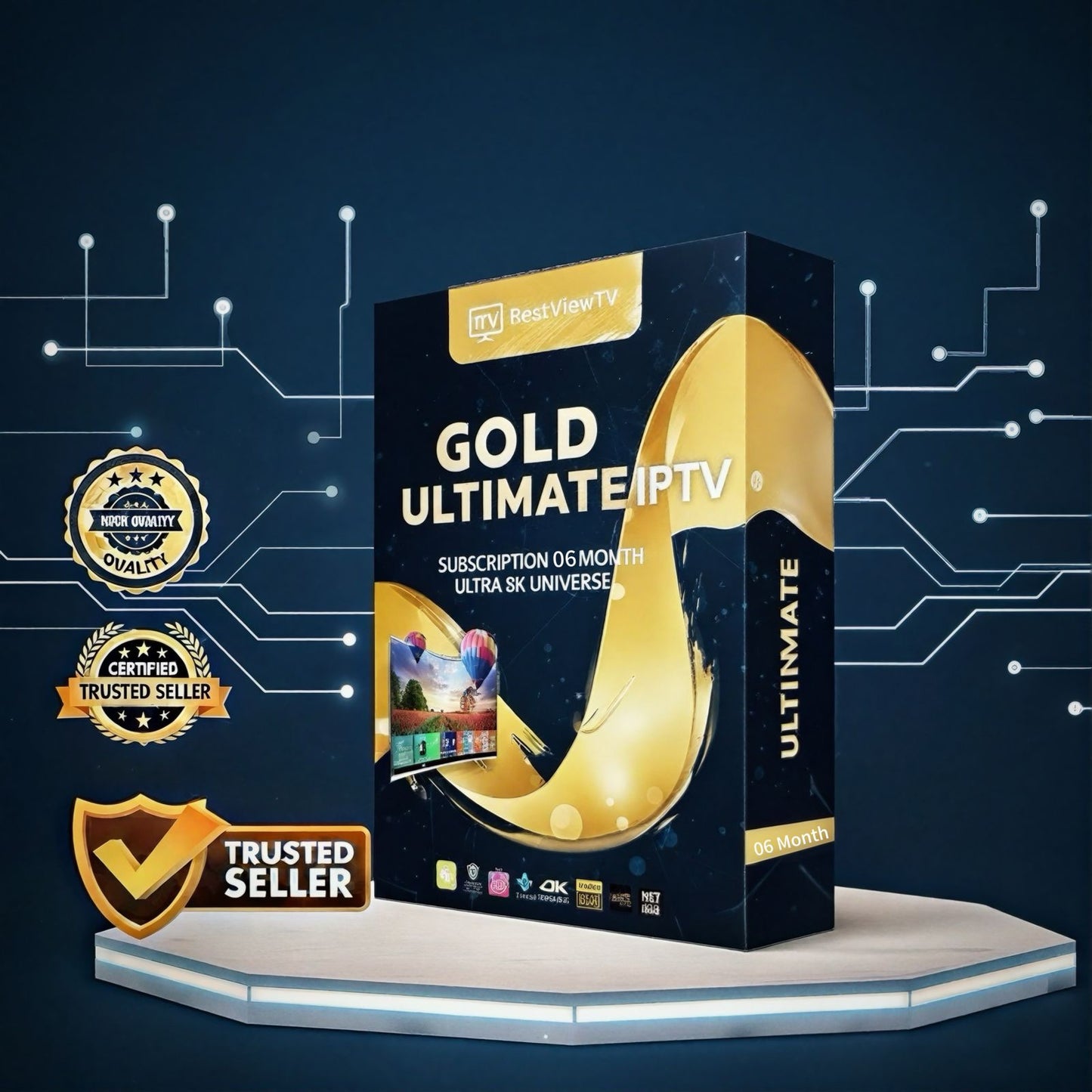 Gold Ultimate IPTV subscription box with branding and certification logos on a dark blue background